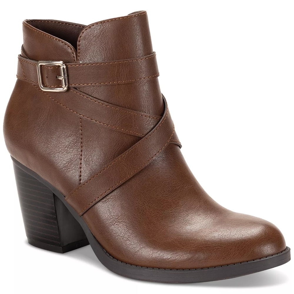 Style & Co Women's Zetaa Strappy Belt Heeled Booties Cognac ,Size 5 , NEW
